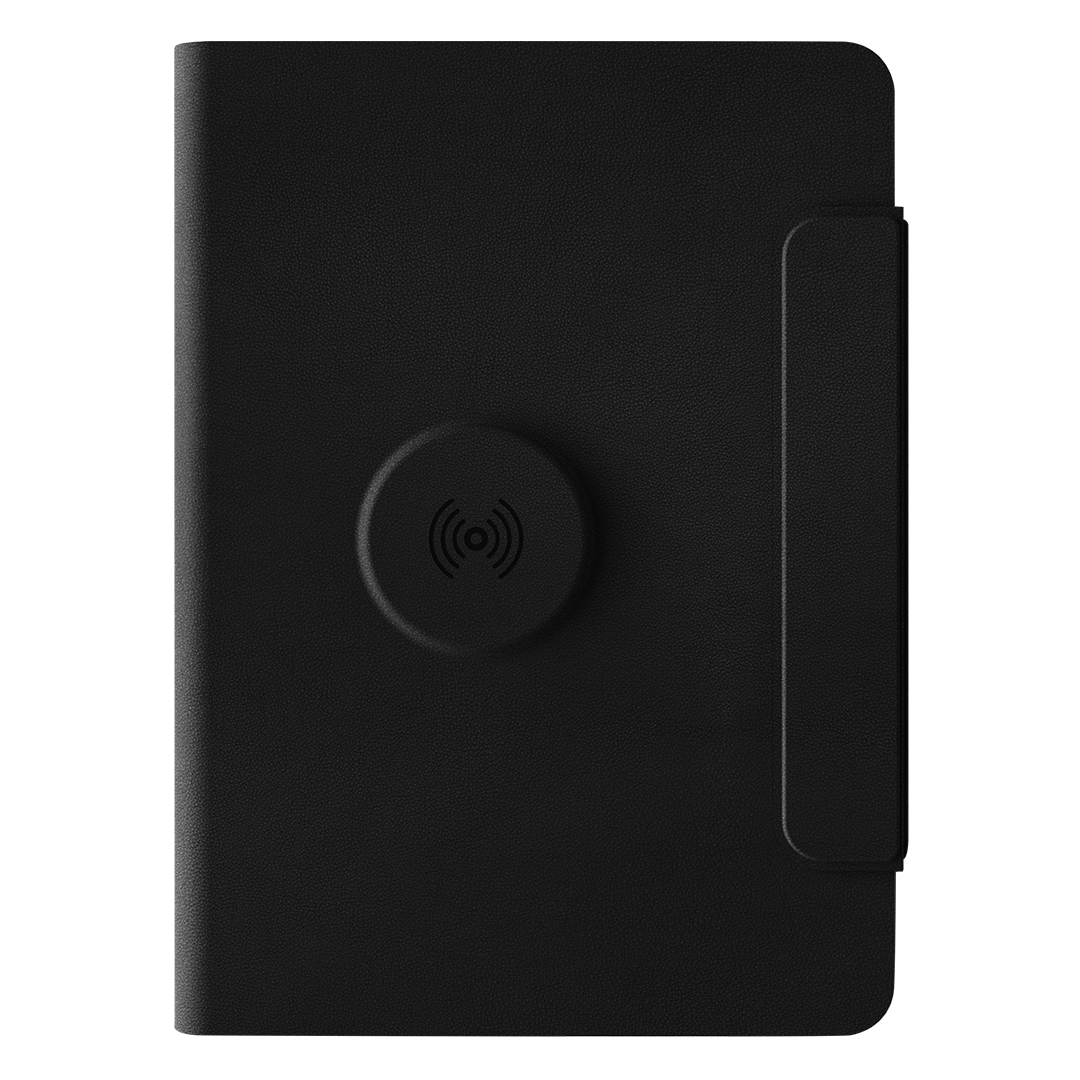 Magnetic, portfolio case with A5 notebook, power bank 5.000 mAh, wireless charger for two devices in a gift box