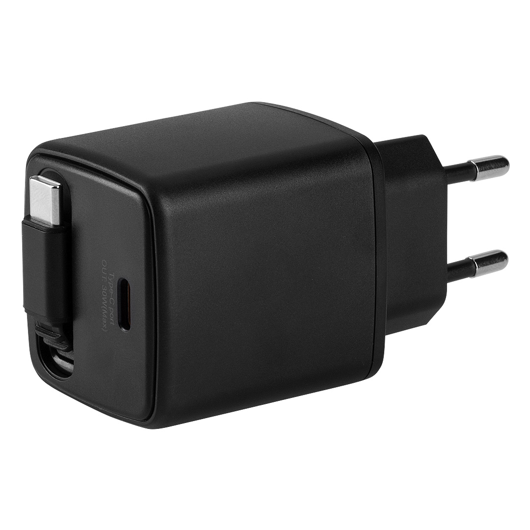 Wall charger with retractable cable, 30W