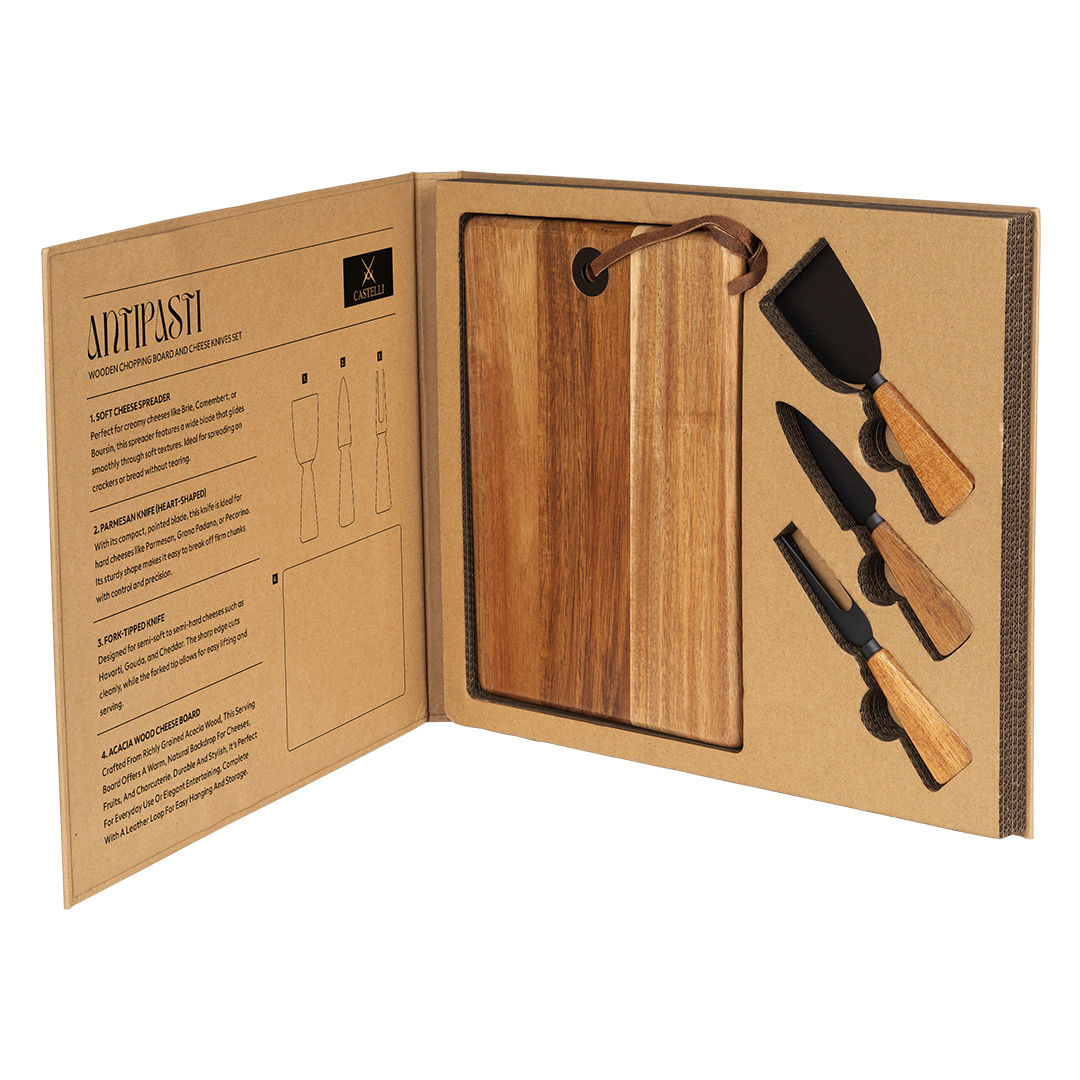 Wooden chopping board and cheese knives with wooden handles, 4/1
