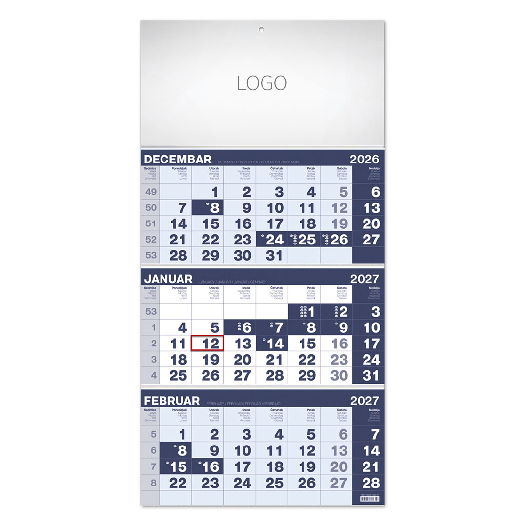 Wall calendar, 3 parts, 3 x 12 pages, A3 format
